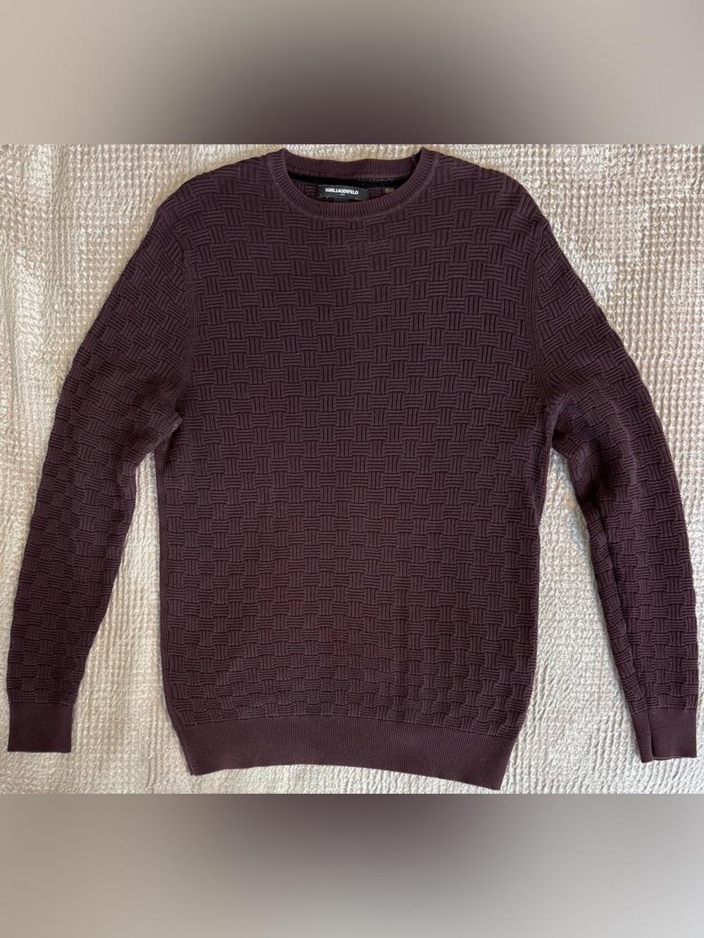 Karl Lagerfeld Paris Basketweave Knit Crewneck Sweater Burgundy Small